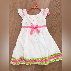 Toddler Girls White Dress with Pink & Green Details